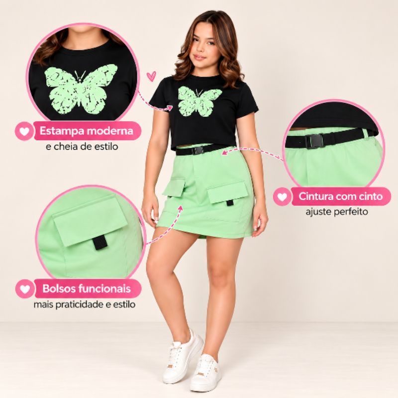 Conjunto juvenil feminino com blusa cropped estampa borboleta e saia com bolsos e cinto – roupa adolescente elegante