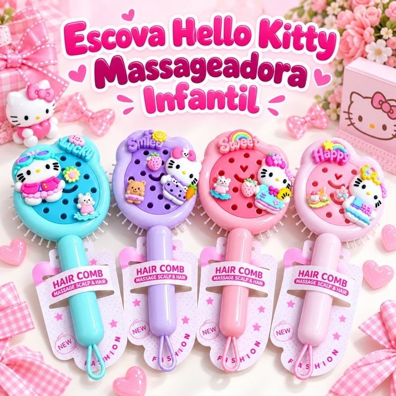 Escova de cabelo infantil massageadora Hello Kitty 🩷