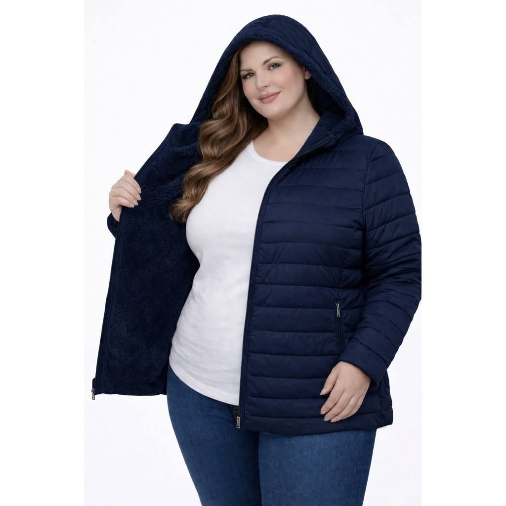 Jaqueta Feminina Plus Size Preta e Azul Marinho Nylon Bobojaco Puffer Forrada Impermeavel Com Capuz Removivel