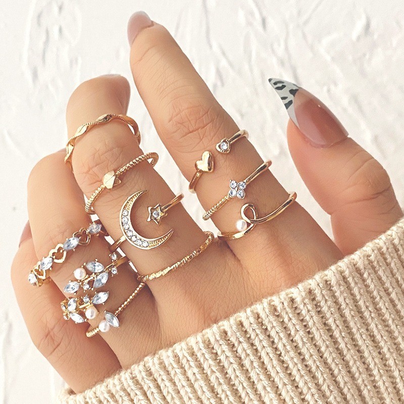 Estrela lua anel diamante coração pérola folhas conjunto de 10 peças anel criativo Vintage feminino anel conjunto