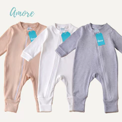 Kit 3 Macacão Bebê Amore Neutro Vira Pé com Zíper 100% Algodão