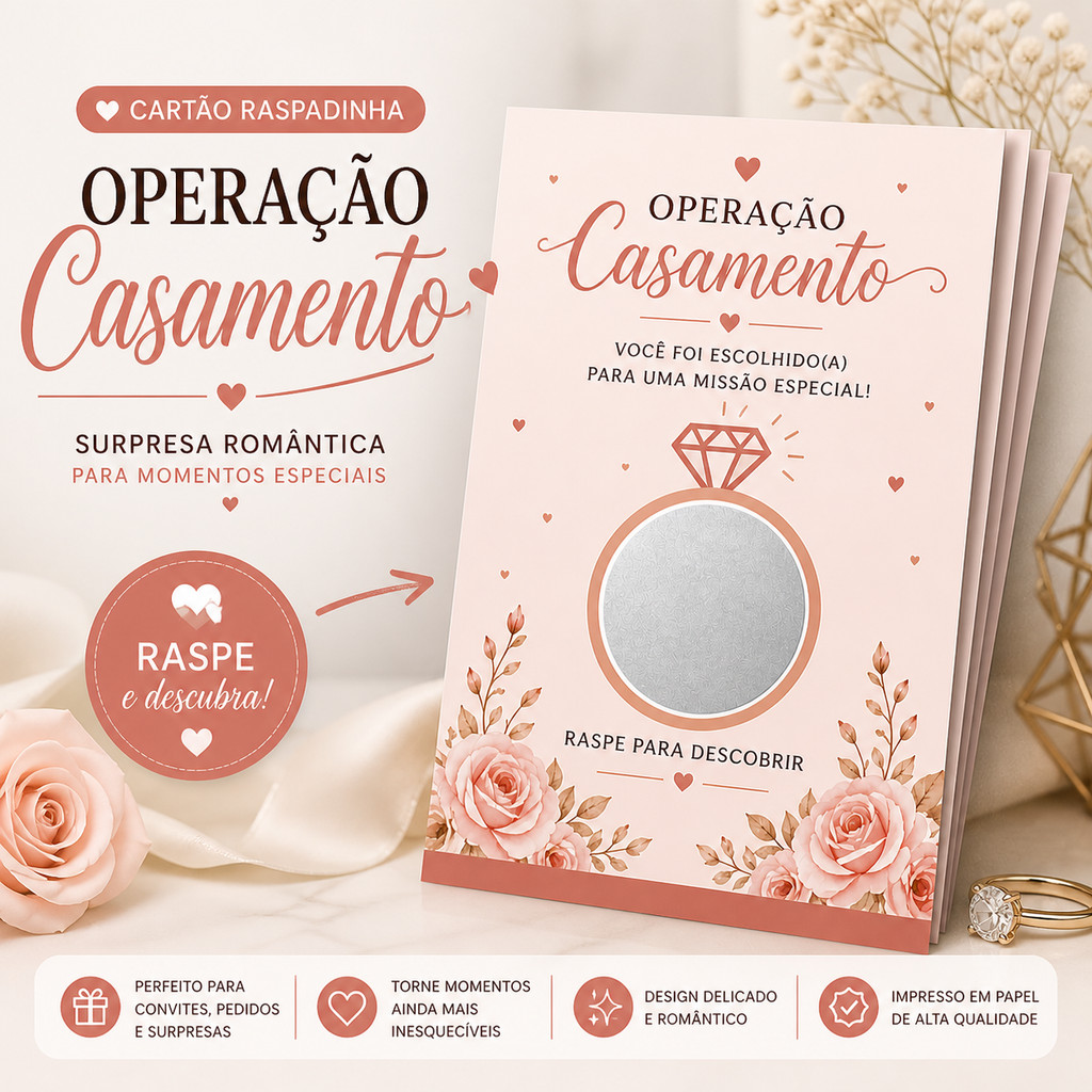 Cartão Raspadinha Operação Casamento  Pedido de Casamento | Convite Padrinhos | Surpresa Romântica