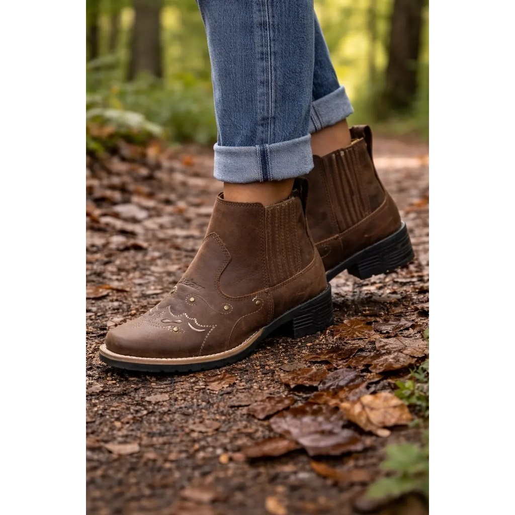 Botina Feminina Zebu Mustang Terra 71145 Couro Bovino Bico Quadrado Para Fazenda Rodeio E Cavalgada