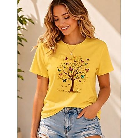 Camiseta Feminina Casual Árvore da Vida | T-Shirt Estampada com Borboletas | Blusa 100% Algodão Confortável