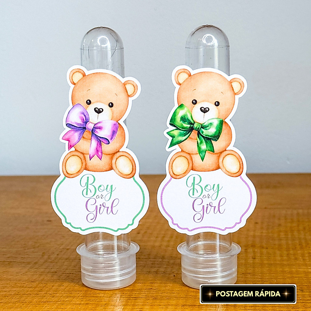 Apliques para Tubetes Chá Revelação - Ursinho Verde e Lilás - Festa infantil - Lembrancinhas personalizadas