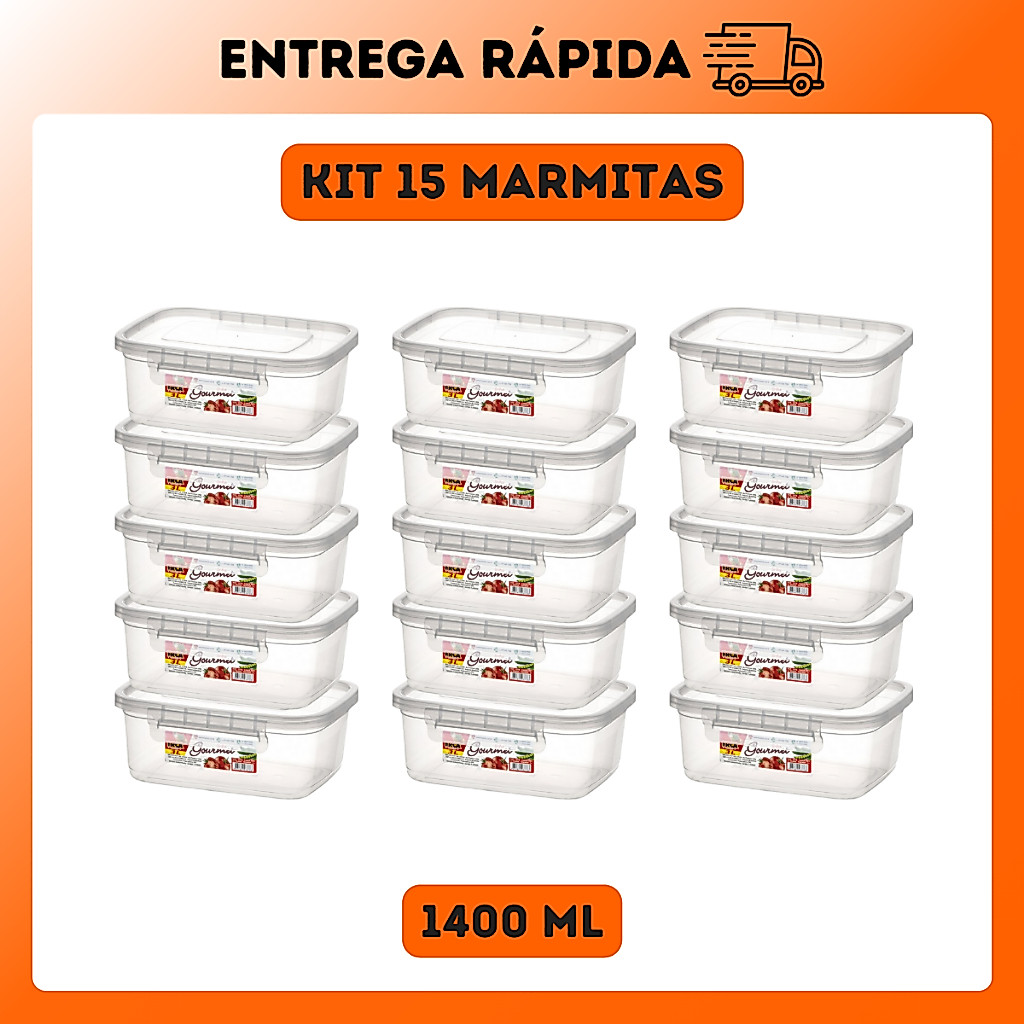 Kit 15 Pote 1400ML Marmita Pratico Com Trava Microondas Freezer Plastico Organizador Refeicao Almoço