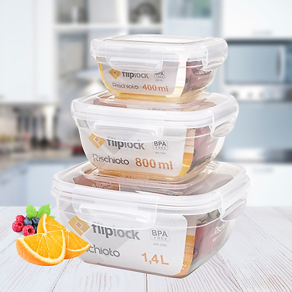Kit 3 Potes C/ Travas Quadrados Transparentes Hermético Mantimentos Fliplock 400ml/800ml/1,4L Rischioto Marmita Vasilha