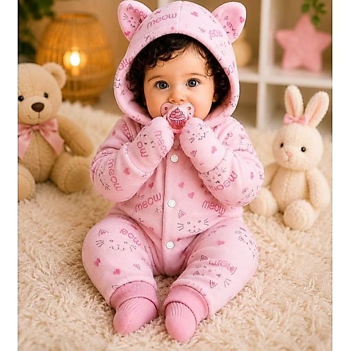 Macacão Longo Bebê Unisoft e Pelúcia Fleece Inverno Pé Punho Capuz Orelhinhas Menino Menina P M G GG 1 a 2 anos