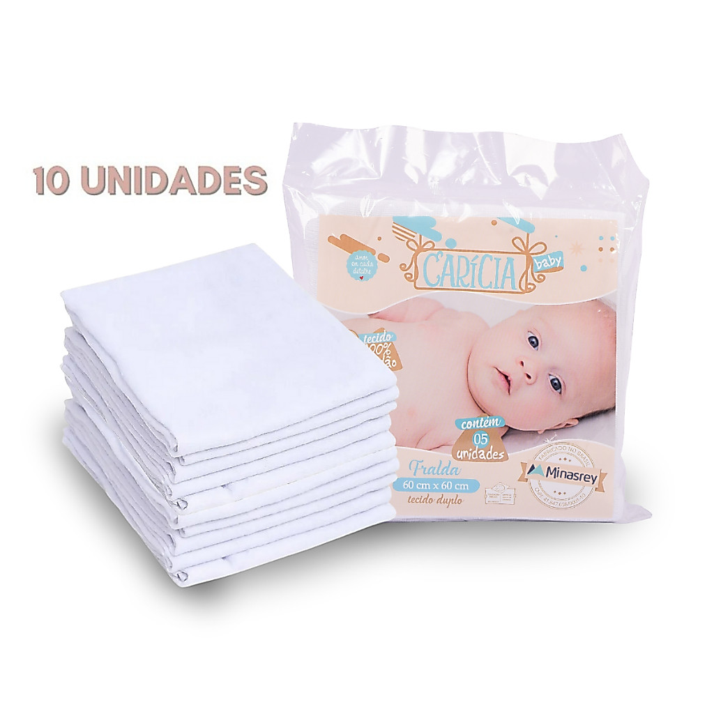Kit 10 Unidades Fralda De Pano Fina Simples Branca Bebê 60 cm x 60 cm 100% Algodão Minasrey