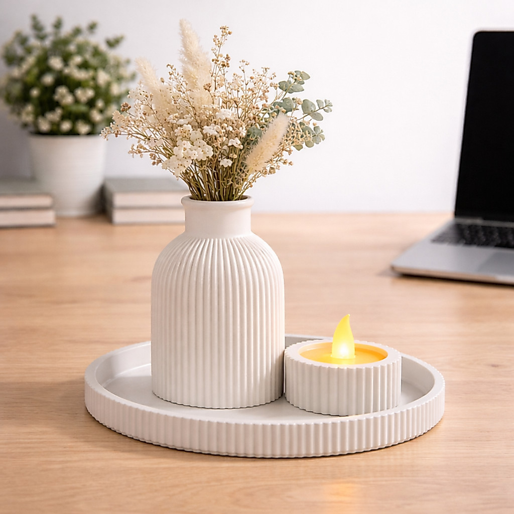 Kit Decorativo Serenity Vaso Porta Vela LED Base Oval Redonda