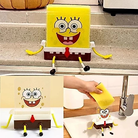 Suporte 2-em-1 para Esponja com Escorredor + Placa Acrílica - Design do Bob Esponja | Prático e Fofo para Cozinha