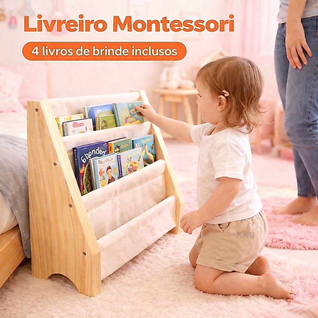 Estante Montessori Infantil Mini Porta Livros Livreiro Infantil em Madeira Pinus Natural Organizador de Livros  (ref:02)