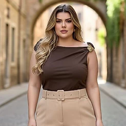 Blusa Feminina Plus Size Elegante Suplex Fivela Dourada Casual Trabalho Social Ombro a Ombro Estilosa
