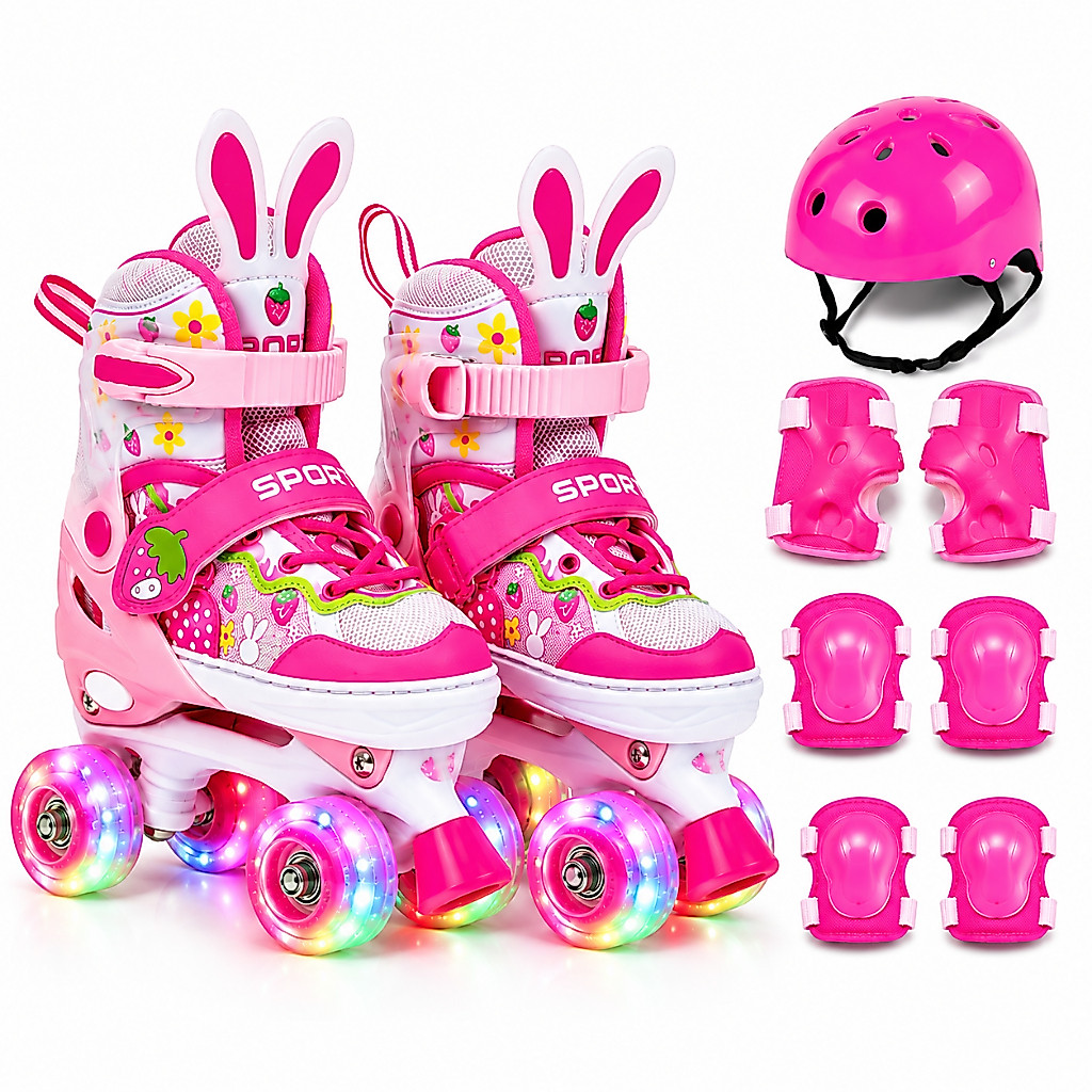Patins Moranguinho Infantil 4 Rodas Ajustável com luz de LED Com ou Sem Kit de Segurança