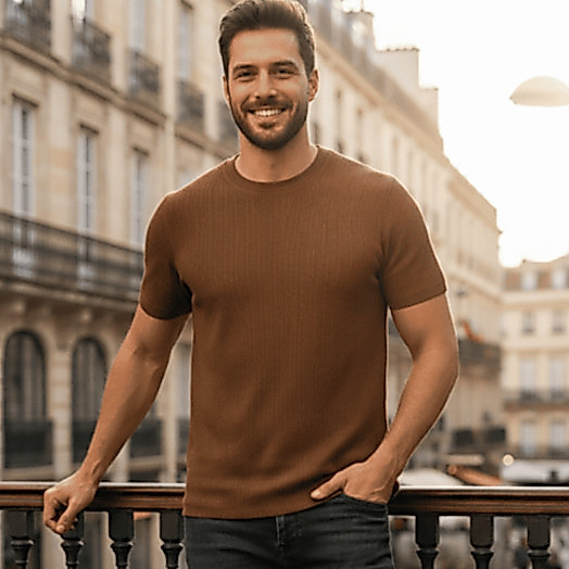 Camiseta Masculina Canelada Gola Redonda Slim Algodão Premium Confortável Uso Diário Casual