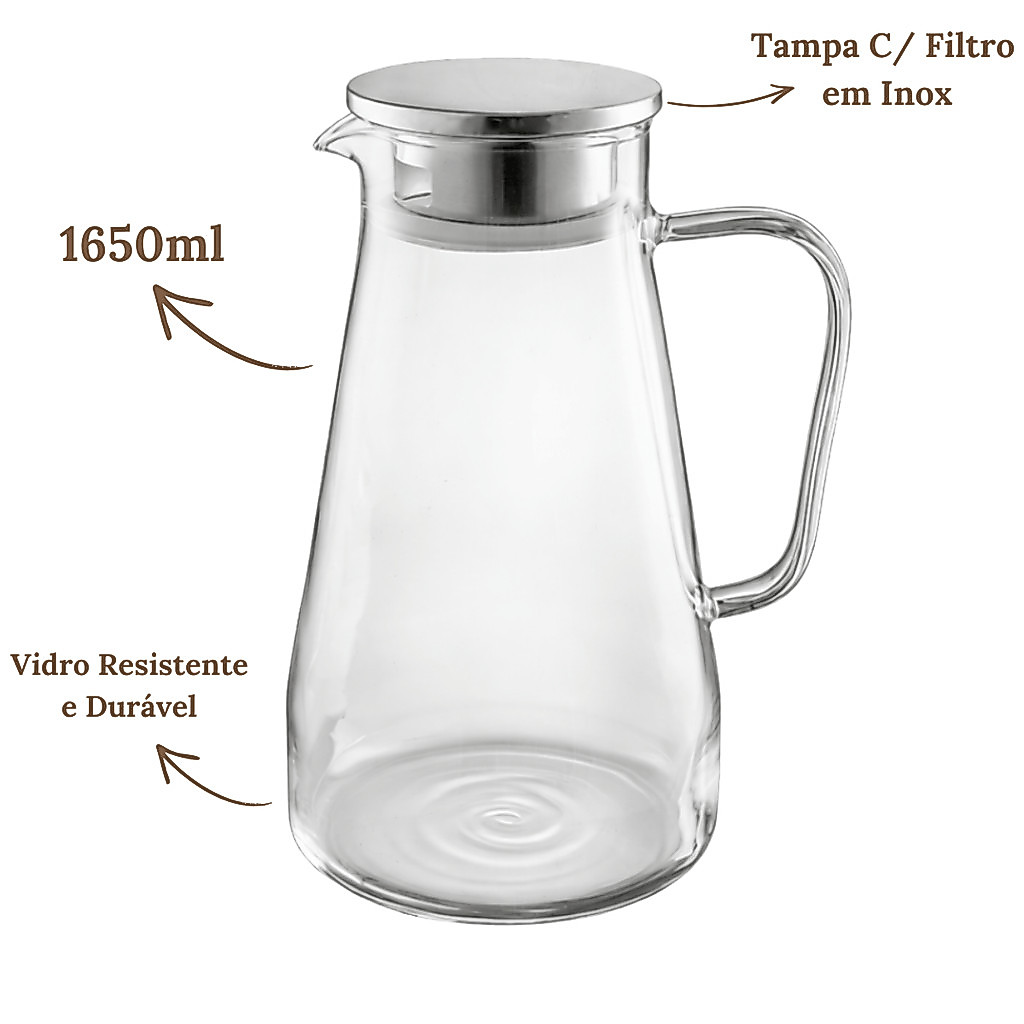 Jarra de Vidro Borossilicato 1650ml com Tampa Inox  Resistente e Filtro para Água Suco Chá