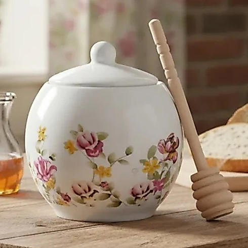 Imagem Pote Meleira De Porcelana Com Colher Florado Le Jardin 350ml Hauskraft
