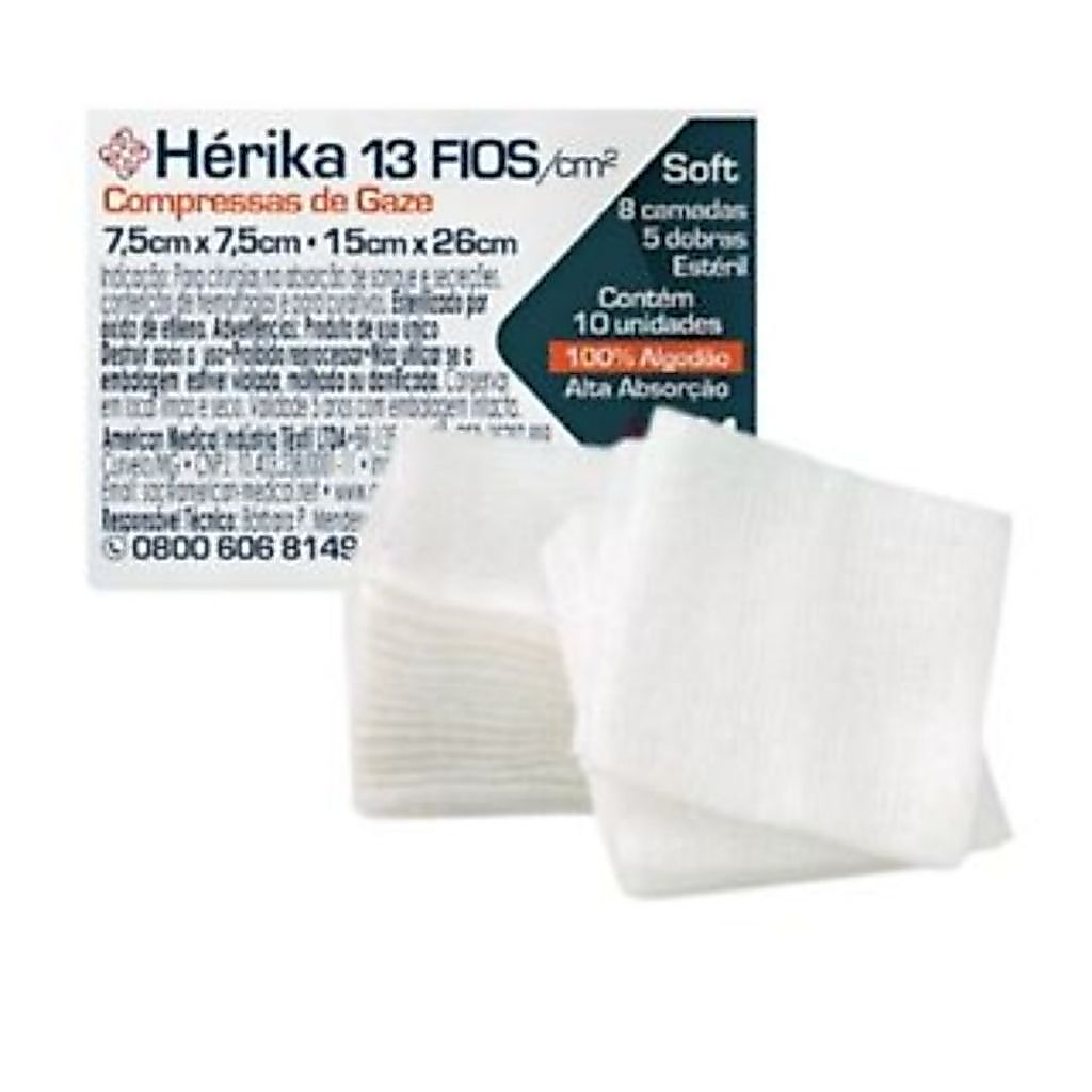10 Pacotes Compressa Gaze Hidrófila Estéril Cirúrgica Para Curativo Feridas 13 Fios 7,5cm x 7,5cm Com 100un - Hérika
