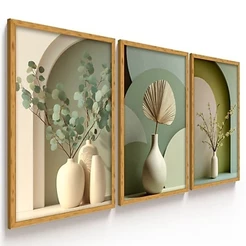 Quadros Decorativos Vasos com Plantas de Folhas Verdes Escritório Sala de Estar Decoração de Parede