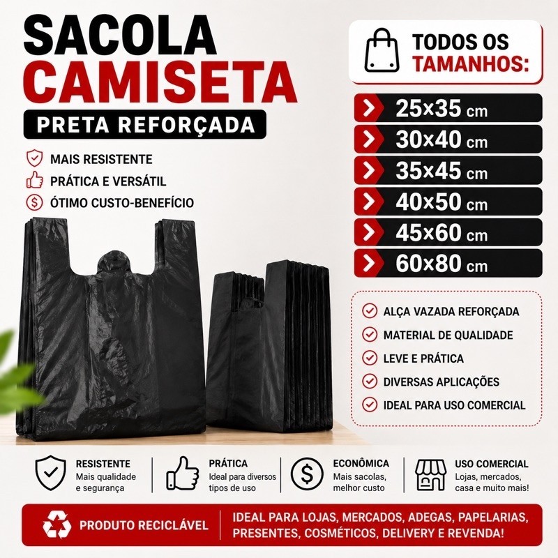 50 Sacolas Pretas Reforçadas – Kit Econômico para Mercado, Adega e Lojas
