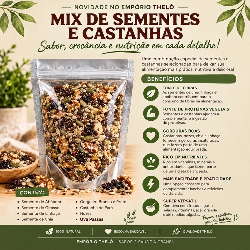Mix de Sementes e Castanhas - Abóbora, Girassol, Chia, Linhaça Dourada, Gergelim, Castanha do pará e Nozes.