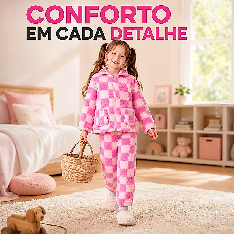 Pijama Infantil Feminino Inverno Soft Peluciado Xadrez – Conjunto Quentinho e Confortável Moda Infantil