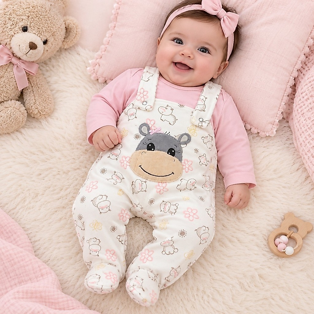 Conjunto Para Bebê Menino Menina Jardineira Bordada de Soft Estampada com Body Confortável 02 Peças Bordado