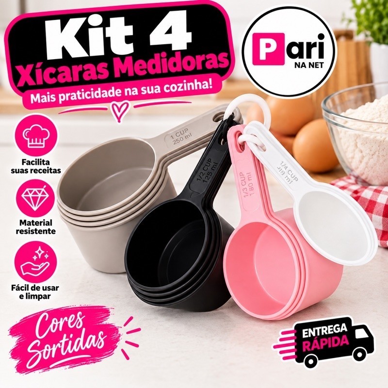 Kit Conjunto Medidores Xícara (60/80/120/240ml) 4 Peças Cores Sortidas