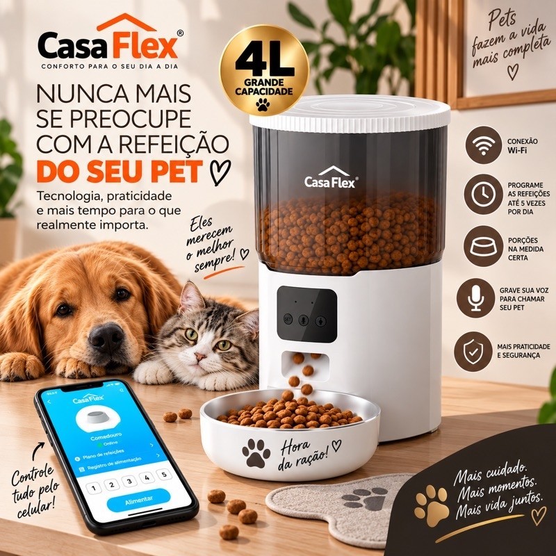 Comedouro Alimentador Dispenser de Ração Automático  Pet para Cães e Gatos 4L Wi-Fi Bivolt