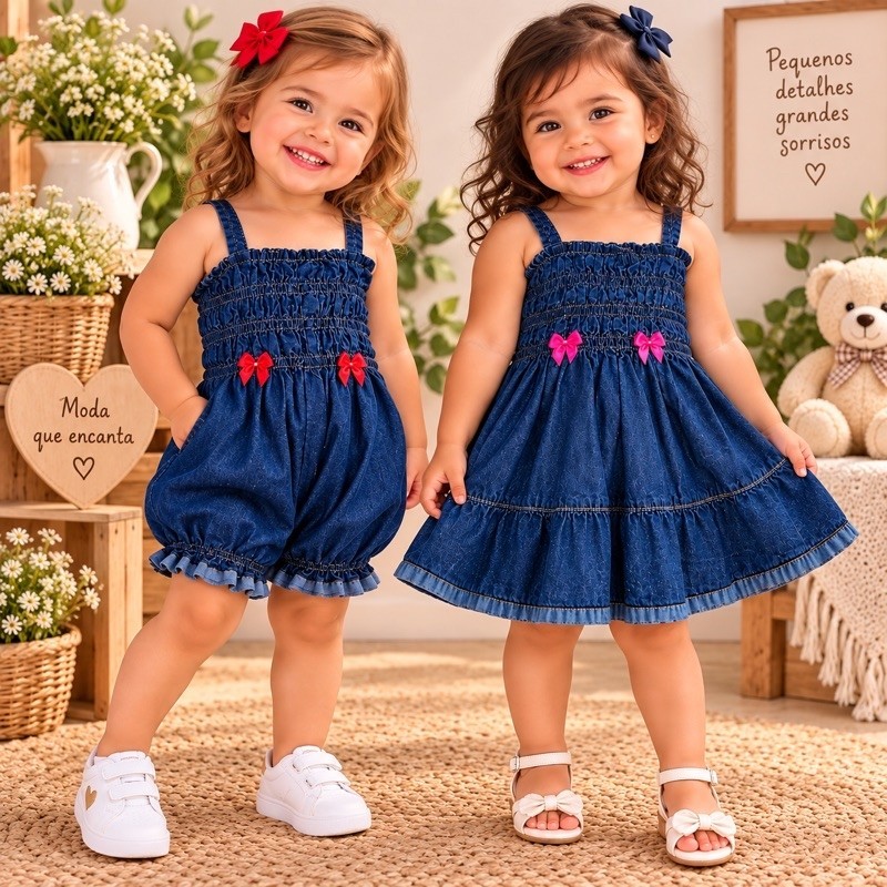 MACACÃO VESTIDO JEANS BEBÊ E MENINA DE 4 MESES A 3 ANOS