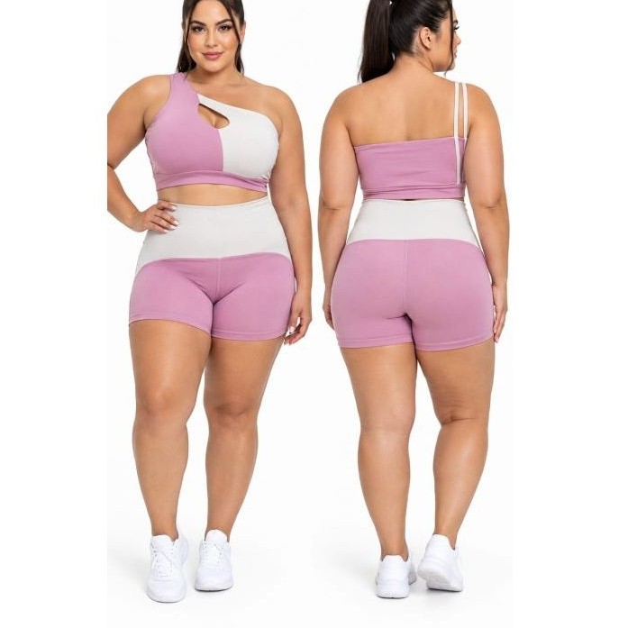 Conjunto Fitness Plus Size Feminino Duo Color Poliamida Short Cintura Alta + Top Assimétrico Academia