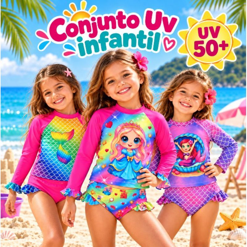 Conjunto UV Infantil Menina Proteção Solar UV50+ Blusa Manga Longa Biquíni Praia Piscina Moda Praia