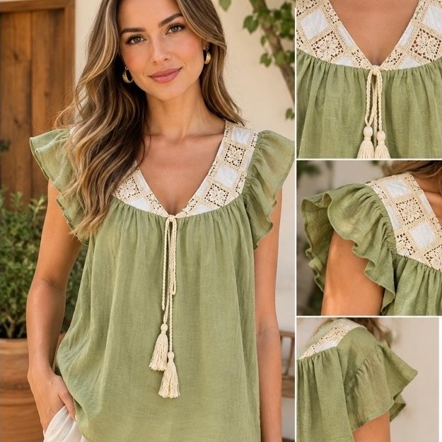 BLUSA FEMININA TECIDO LEVE MANGUINHAS COM BABADOS GOLA V TRABALHADA NO CROCHÊ E CRODINHA PARA AMARACÃO