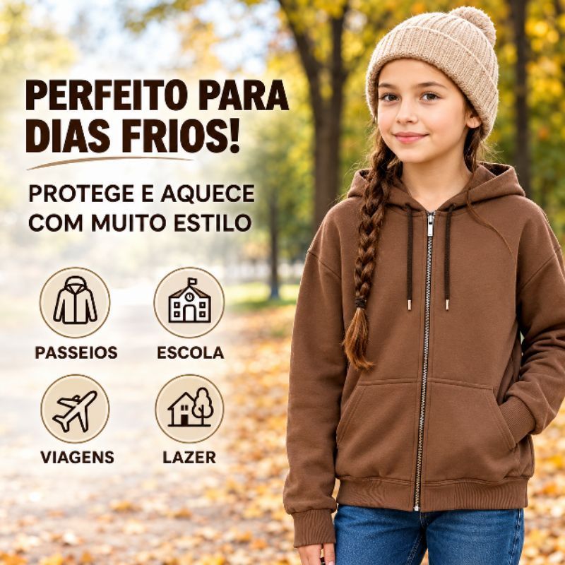 Jaqueta Moletom Infantil | Menina com Capuz Zíper | Casual Outono Inverno Confortável | Menina Moda KIDS