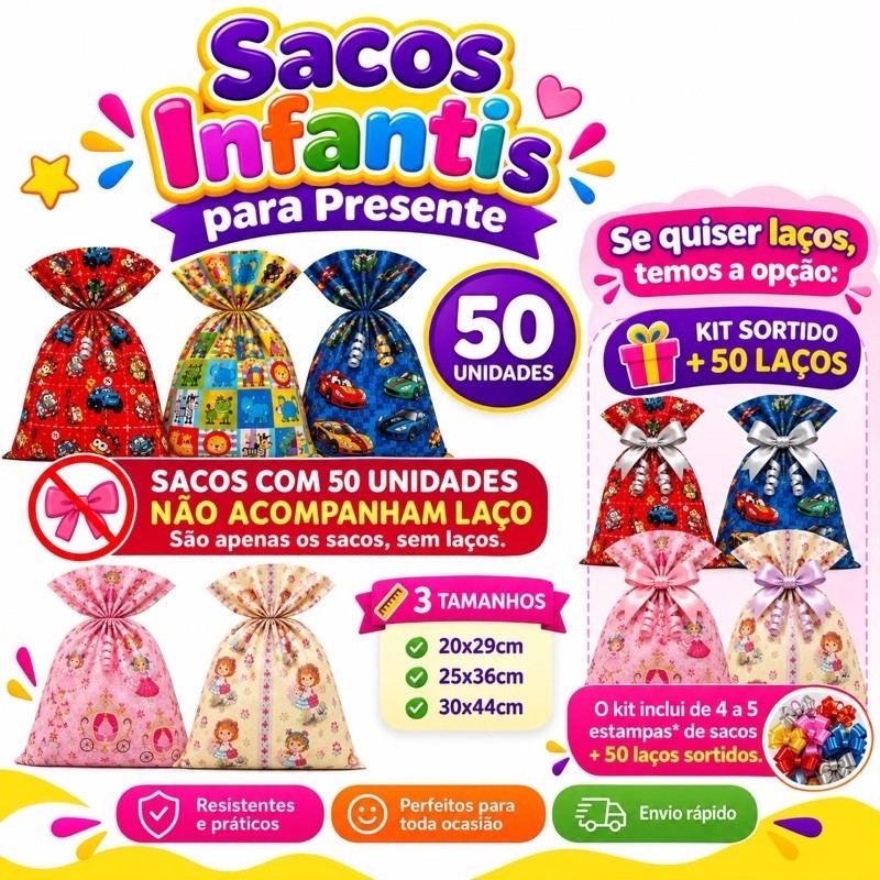 Saco Infantil para Presente kit 50 Unidades Estampas Carros Carrinhos Animais Bichinhos Princesa Festa Aniversário