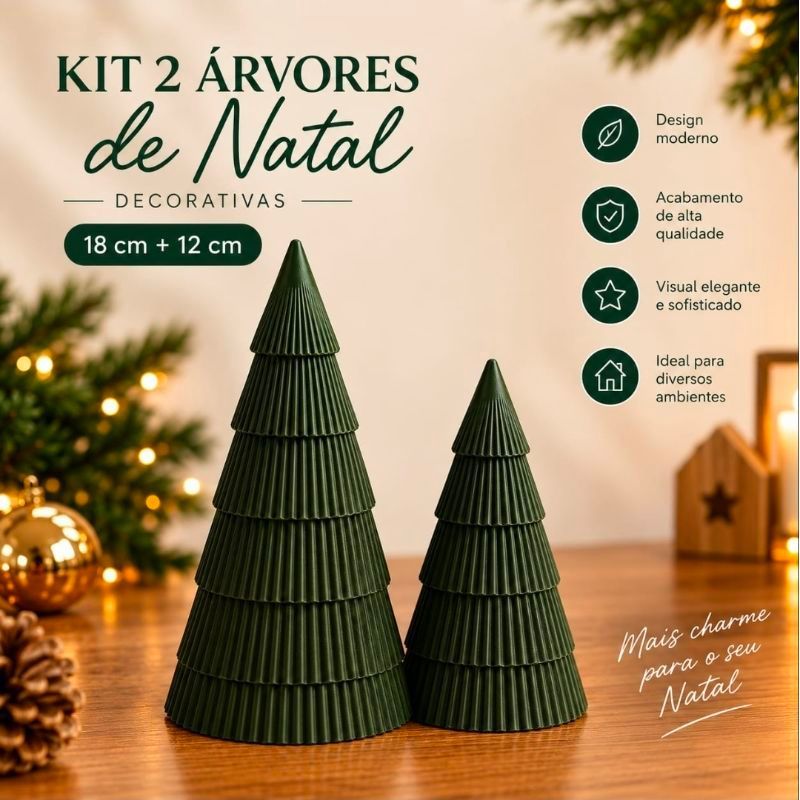 Kit 2 Árvores de Natal Decorativas Caneladas 18cm e 12cm Enfeite de Mesa Minimalista