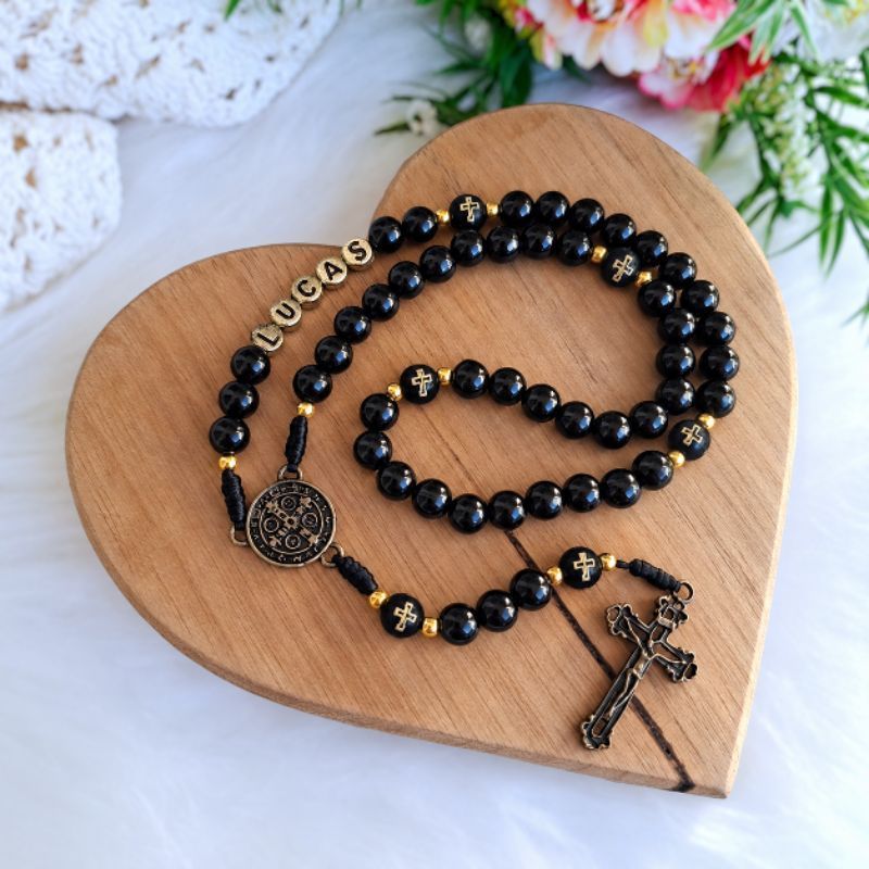 Terço Personalizado Com Nome São Bento Nossa Senhora Aparecida Bola Pérola Preto