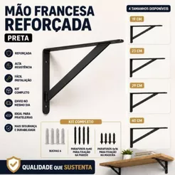 2/3/4/5/6 Cantoneiras Mãos Francesas Reforçadas Preta para Prateleira de 20 25 30 40cm + Parafusos de Fixação