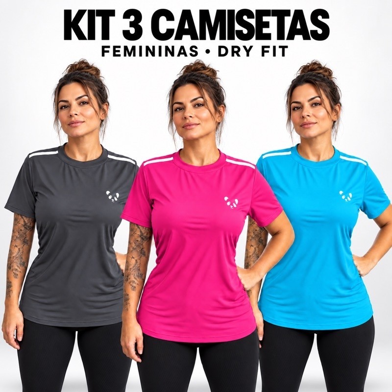 kit 3 Camiseta de Academia Dry Fit Panda Treino Corrida Feminina Proteção UV Esportes Casual Dia a Dia Fitness academia