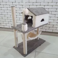 Arranhador para gatos 2 andares com casinha rede poste sisal playground casa para gato.