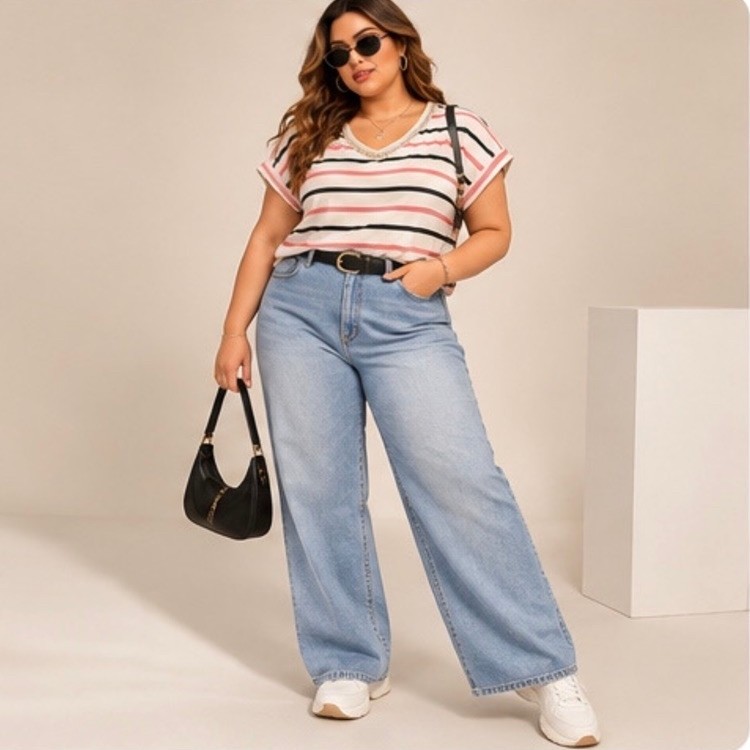 Blusa Feminina Plus Size Listrada Manga Japonesa Gola Detalhe Elegante Viscolycra Confortável do 44 ao 50