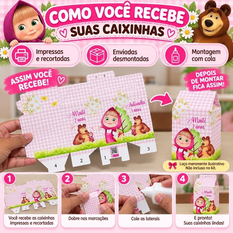 Kit Caixinhas Personalizadas Masha e o Urso Lembrancinhas Aniversário Festa Infantil Masha e Urso — imagem 2 de 2