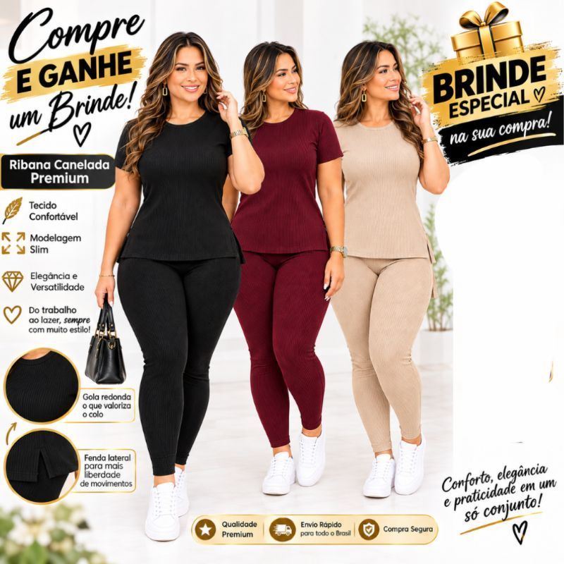Conjunto Feminino Malha Canelada | Elegante, Confortável e Versátil P ao GG envio rápido