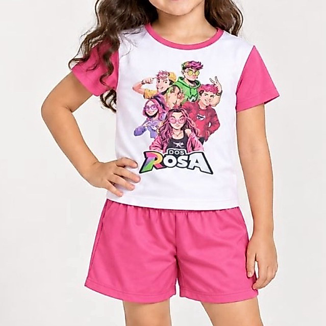 Conjunto Infantil Menina Camiseta + Short Estampa Aleatória Personagens Roupa Infantil Verão Confortável Roupa