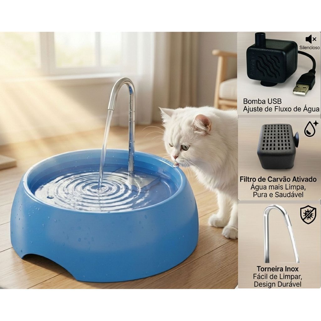 FONTE BEBEDOURO AUTOMÁTICO PARA GATOS 1,2 LITROS TORNEIRA INOX COM CARVÃO ATIVADO em Oferta na Shopee