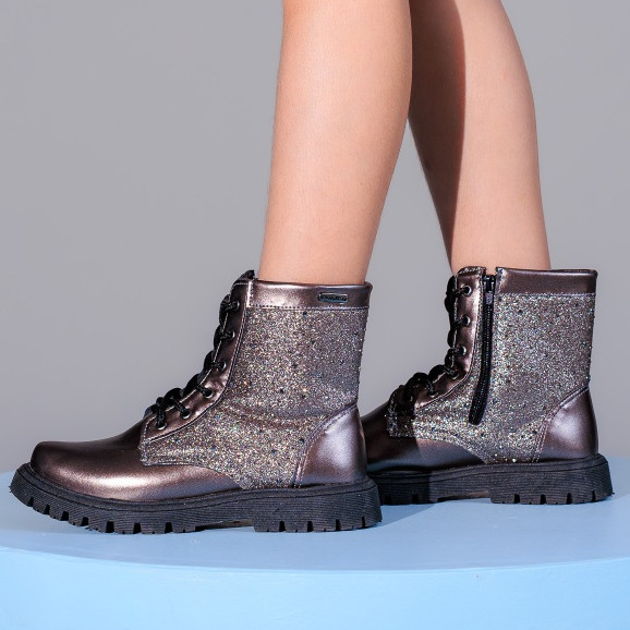 Bota Coturno Infantil Feminino Glitter Brilho Prata Velho Tratorada Confortável Original