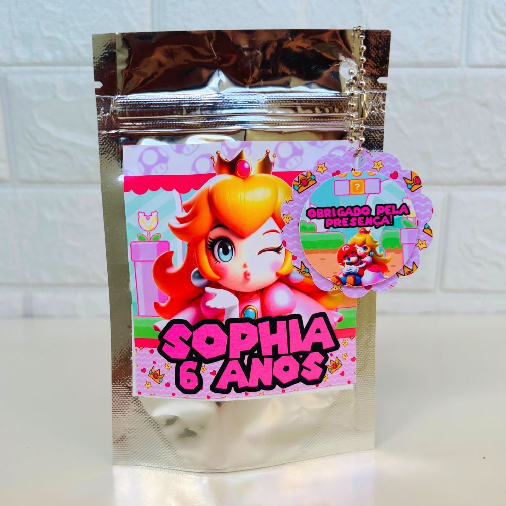 Saquinho Metalizado Ziplock Tema Princesa Peach / Super Mario / Personalizado /Lembrancinha de Festa /Aniversário