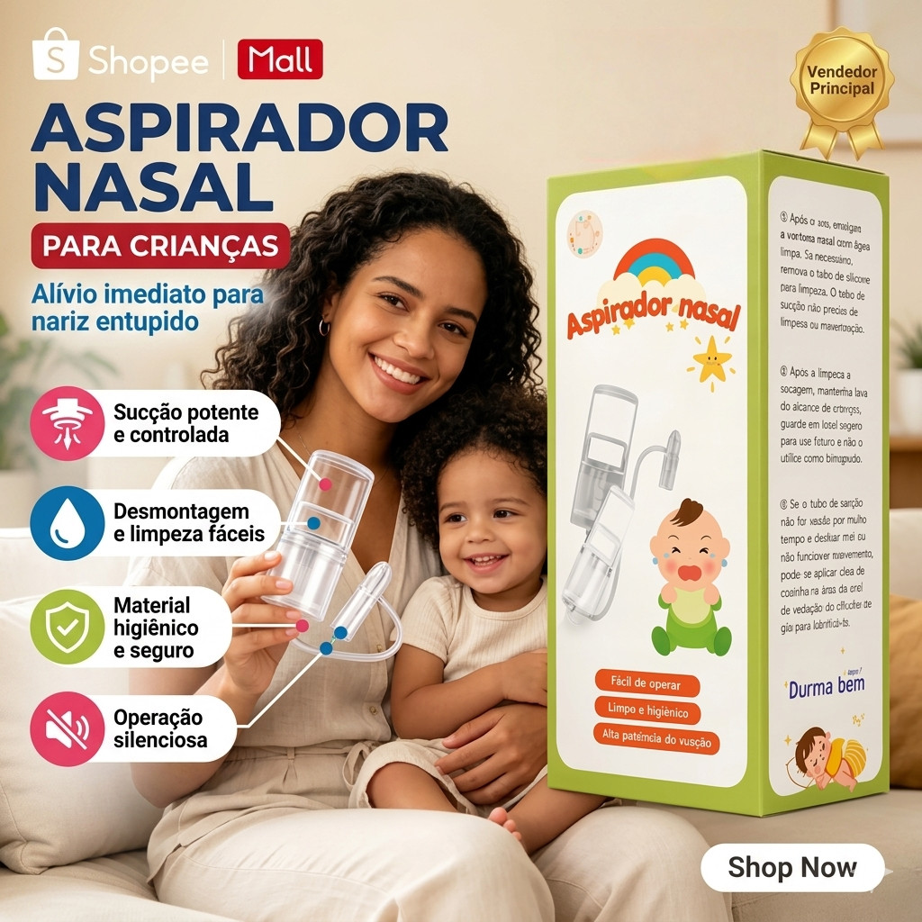 Aspirador Nasal Bebê Manual - Kit Cuidados Nasais: Prático, um clique e pronto - Seguro e Atóxico
