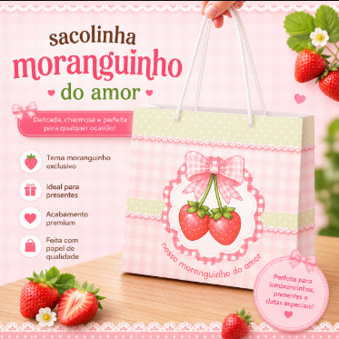 🍓 Sacolinha Personalizada Tema Moranguinho | Lembrancinha Festa Infantil | Papel Offset 180g | 20x15cm