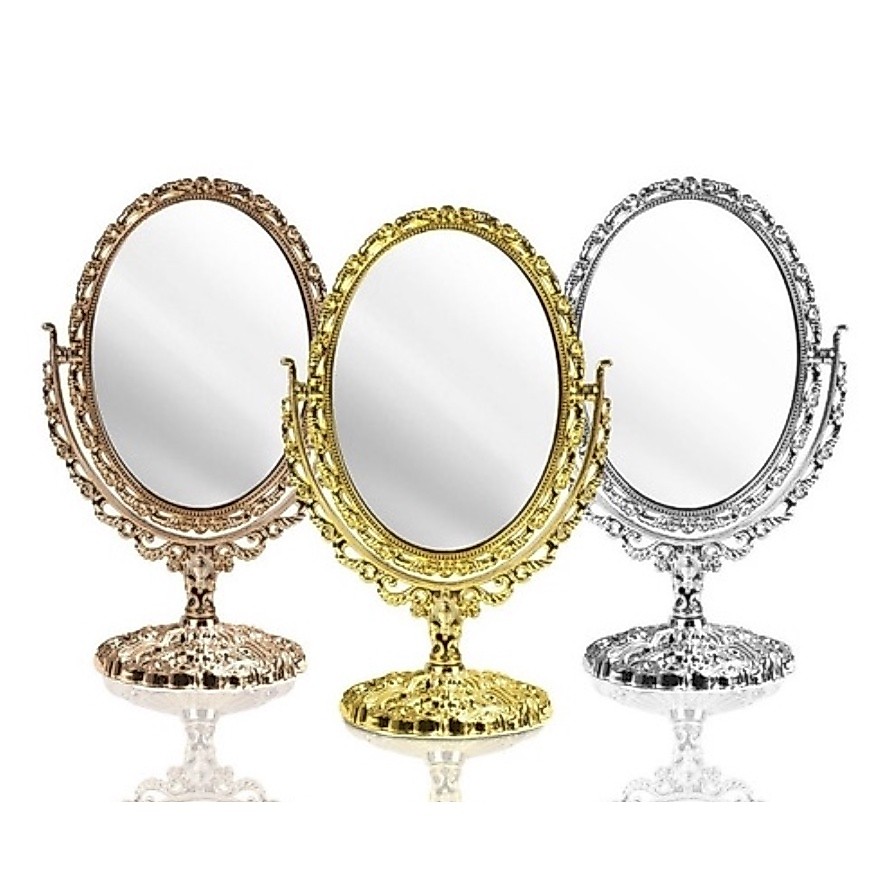 Espelho De Mesa Maquiagem Retro Com Aumento Princesas Dourado Prata 25cm Festa Decoração